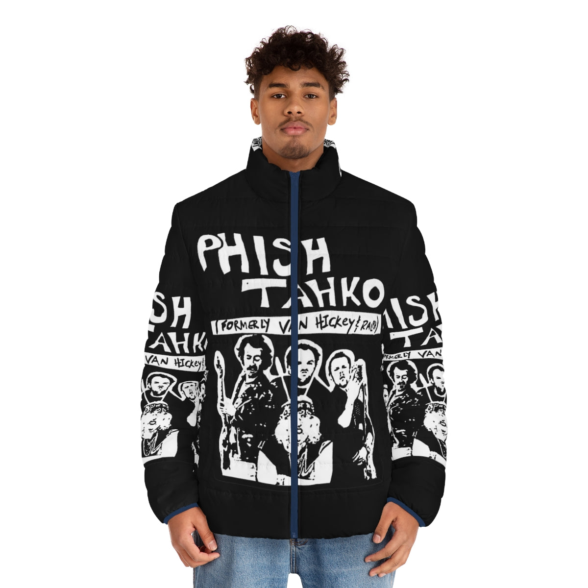 Stylish Phish puffer jacket featuring the band's iconic Tahko poster design - men front