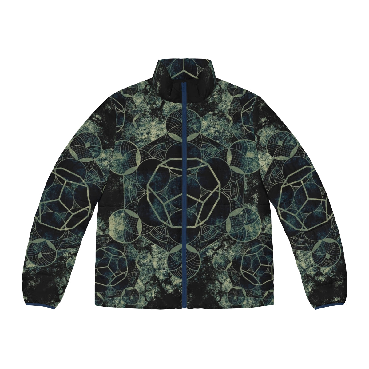 Sacred Geometry Spiritual Puffer Jacket with Mandala and Chakra Designs