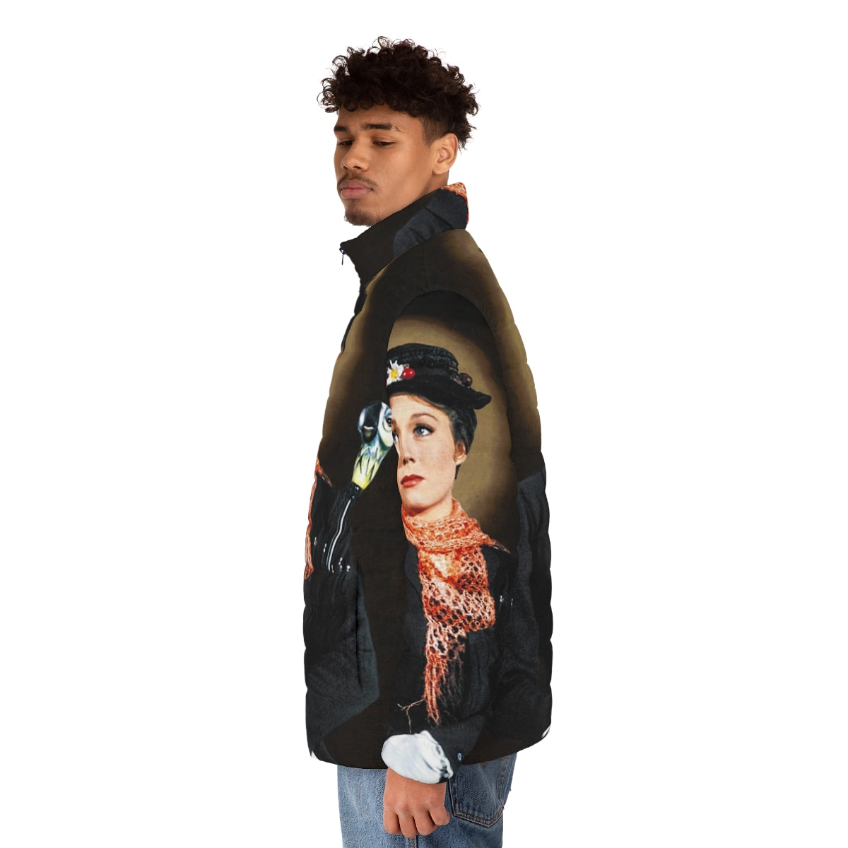 Mary Poppins-inspired puffer jacket with holy mother imagery - men side left