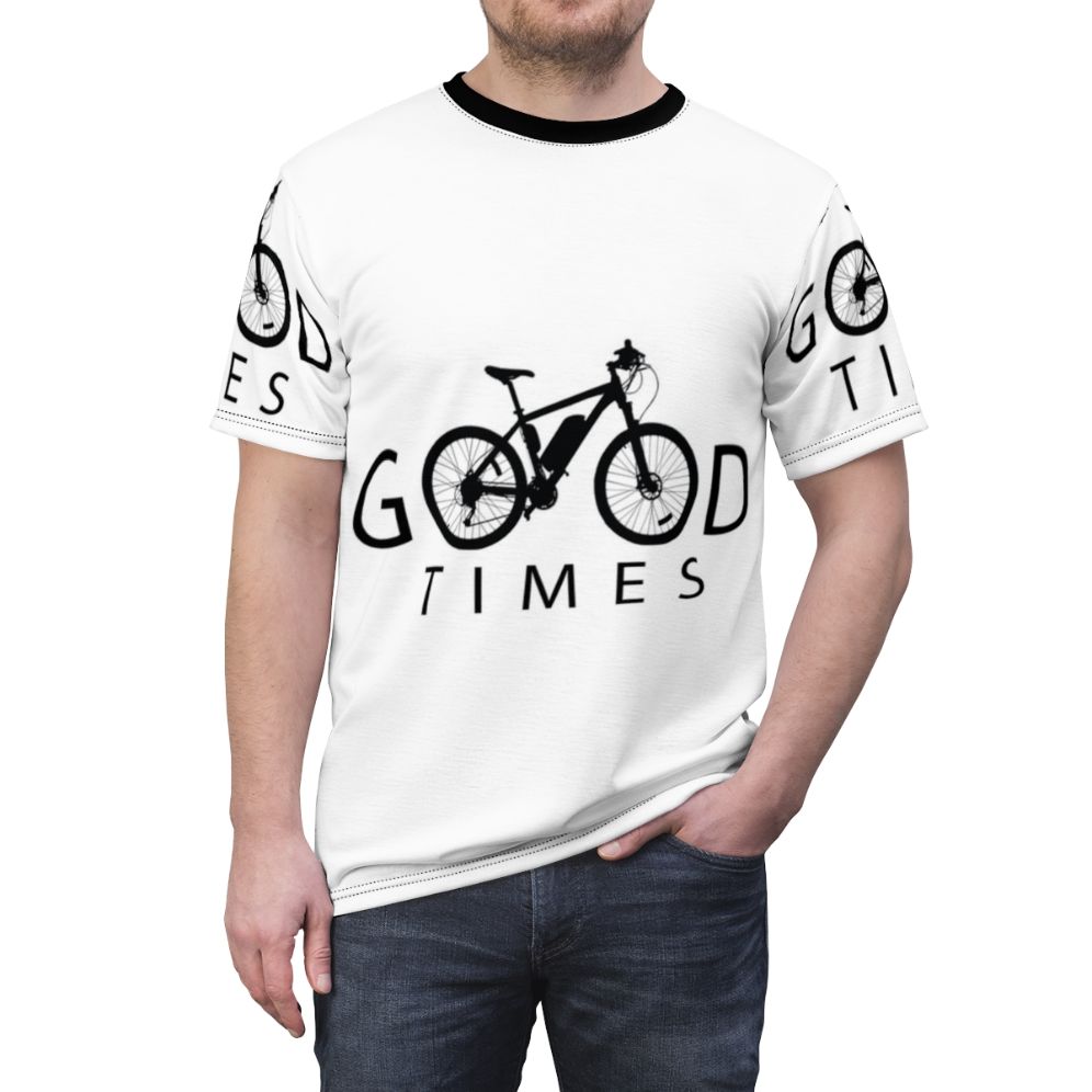 A vibrant cycling-themed t-shirt featuring a fun, colorful design for outdoor hobbies and sports activities. - men front