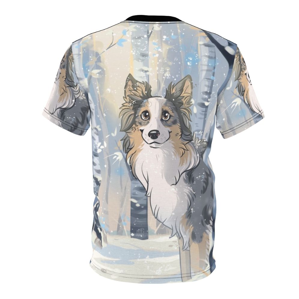 A cozy and whimsical t-shirt design featuring a dog, snow, and winter scenery. - Back