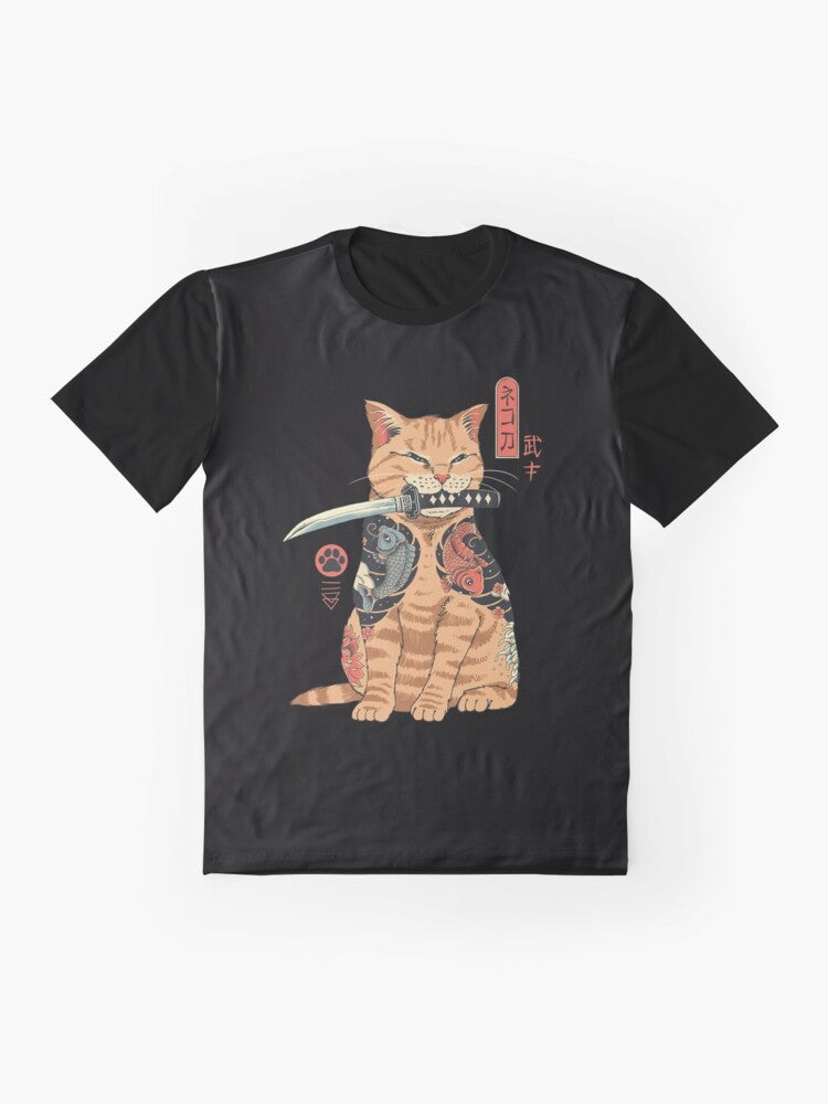 Catana graphic t-shirt with a samurai cat design, featuring Japanese art-inspired elements - Flat lay