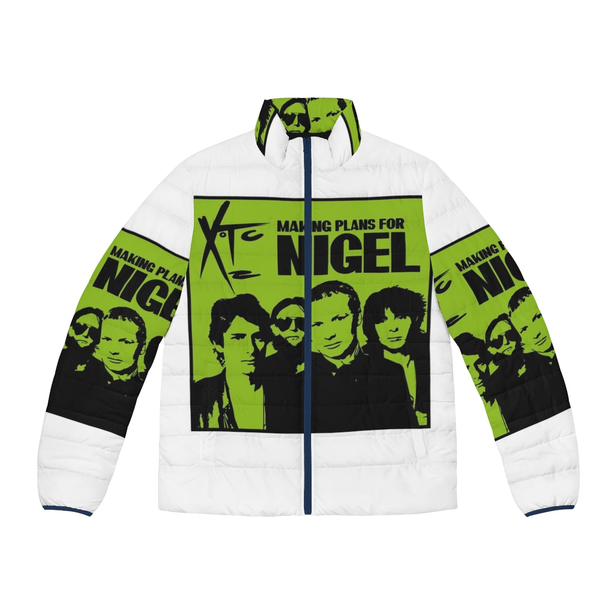 Xtc "Making Plans for Nigel" inspired puffer jacket with retro 70s music and new wave design