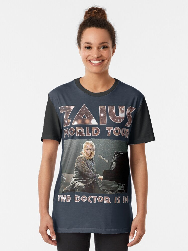 Graphic t-shirt featuring Dr. Zaius from Planet of the Apes on a world tour parody design - Women