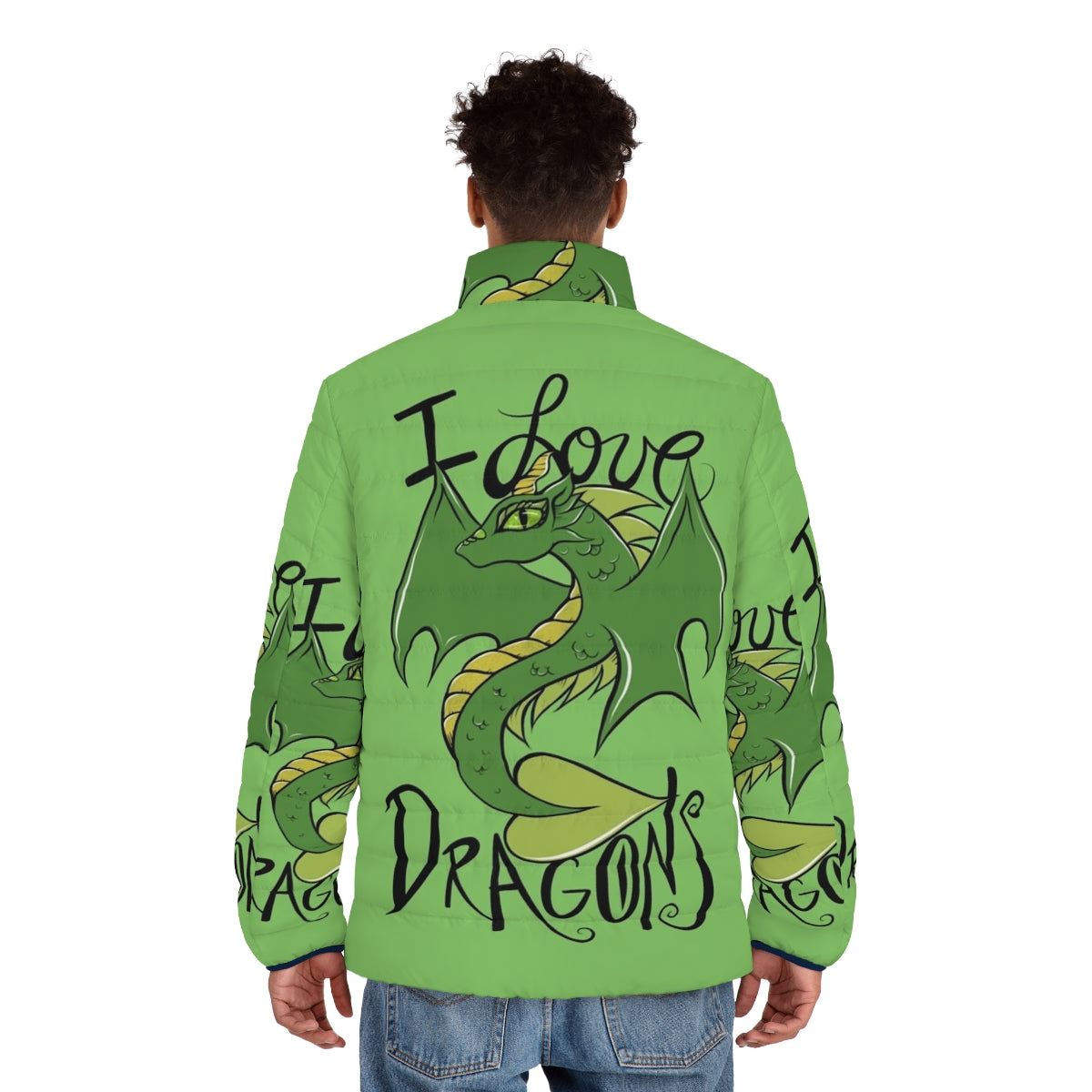 Puffer jacket with a whimsical dragon design, perfect for fantasy and animal lovers - men back