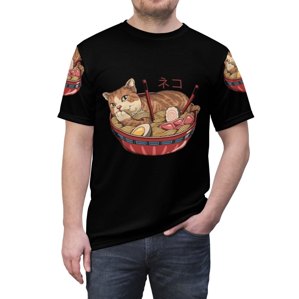 Vibrant t-shirt design featuring a cat-inspired ramen bowl illustration - men front