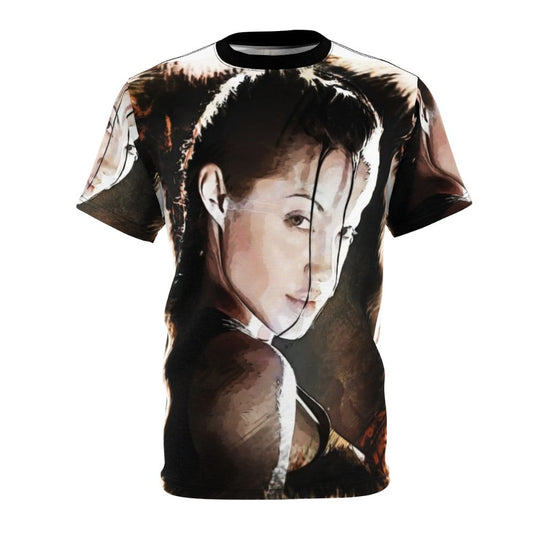 Lara Croft inspired t-shirt with an all-over print design featuring the iconic Tomb Raider character