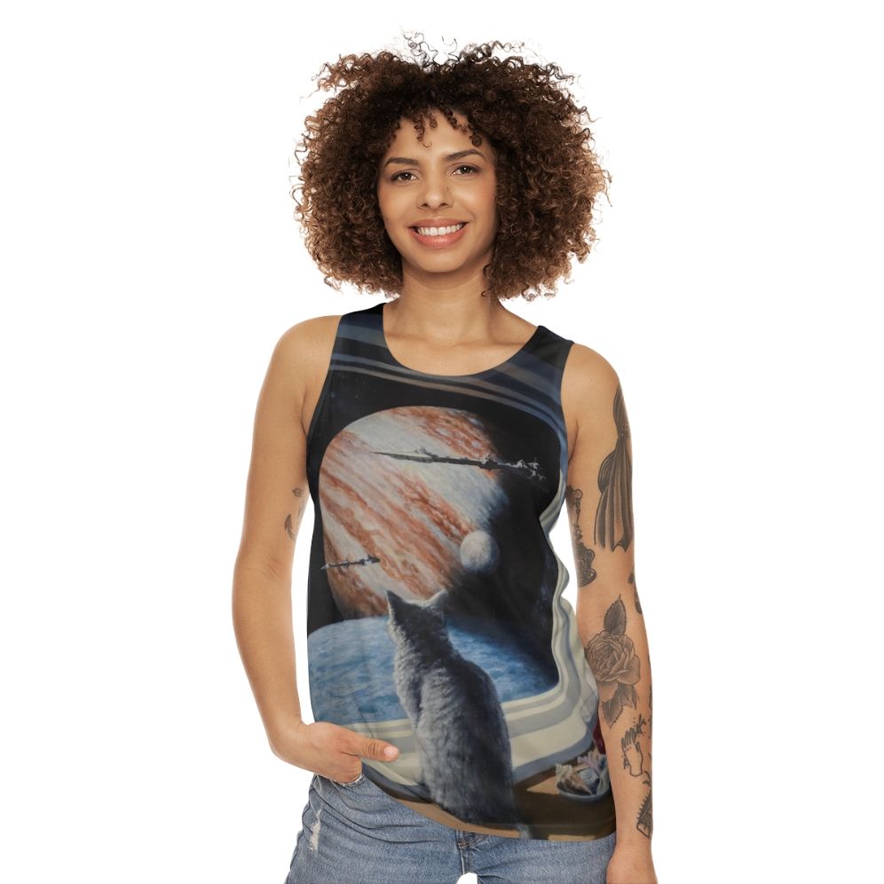 Unisex tank top with a space cat design - women