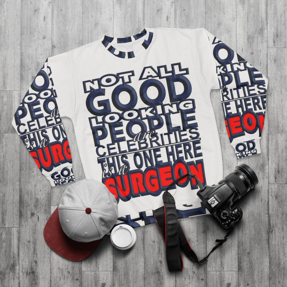 Surgeon wearing a comfortable and fashionable sweatshirt - flat lay