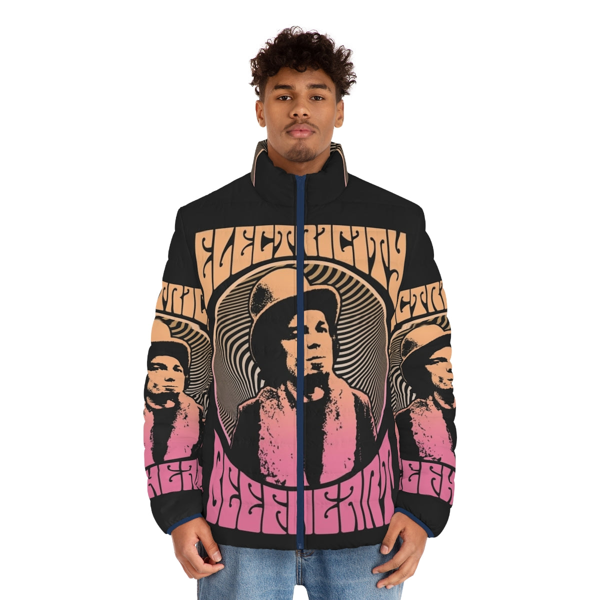 Captain Beefheart psychedelic rock puffer jacket with retro 1960s music design - men front