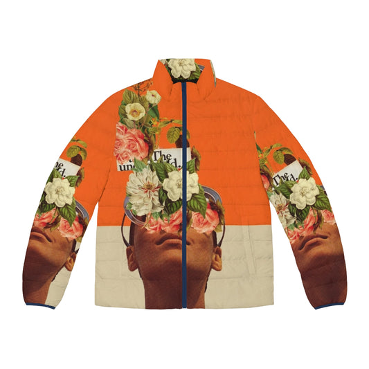 Unexpected retro puffer jacket in a surreal pop art design featuring flowers, typography, and a 1960s-inspired model