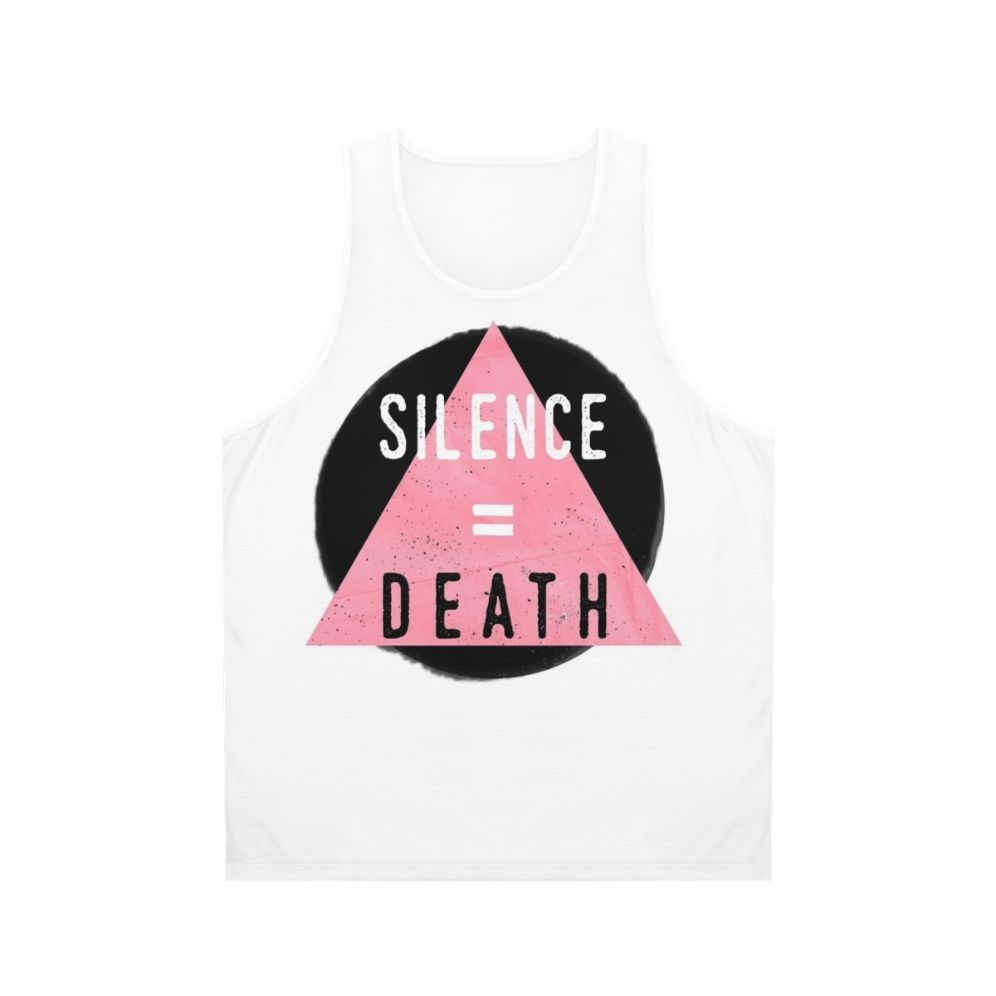 Unisex tank top with "Silence Death" design for LGBTQ+ and HIV/AIDS awareness