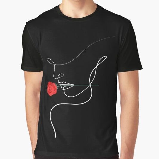 One line art graphic t-shirt featuring a minimalist drawing of a woman with a rose.