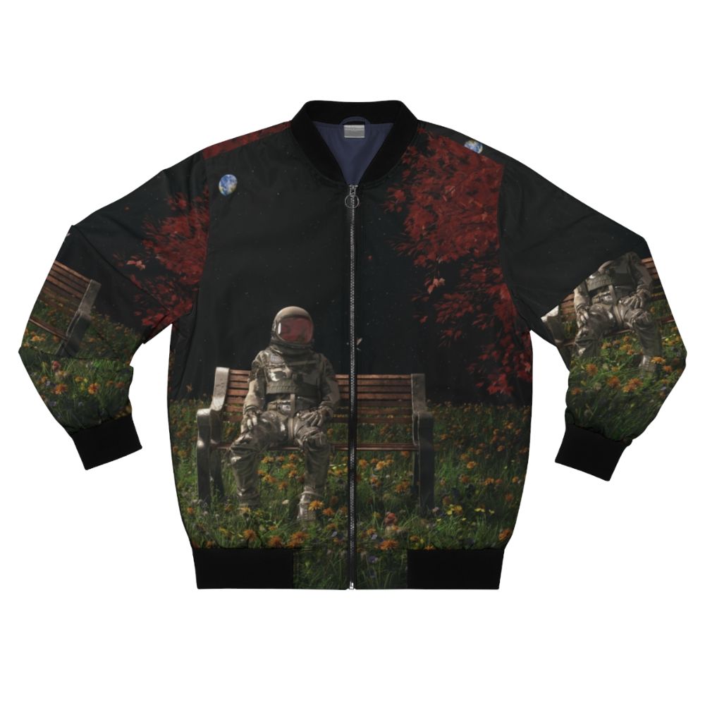 Interlude Cosmic Bomber Jacket with surreal, space-inspired design featuring astronauts, birds, and flowers