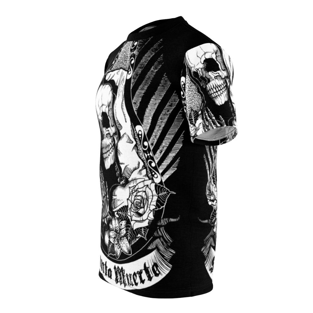 Dark graphic t-shirt with a Santa Muerte design featuring a skull, skeleton flowers, and occult symbols representing Mexican folklore and culture. - men left