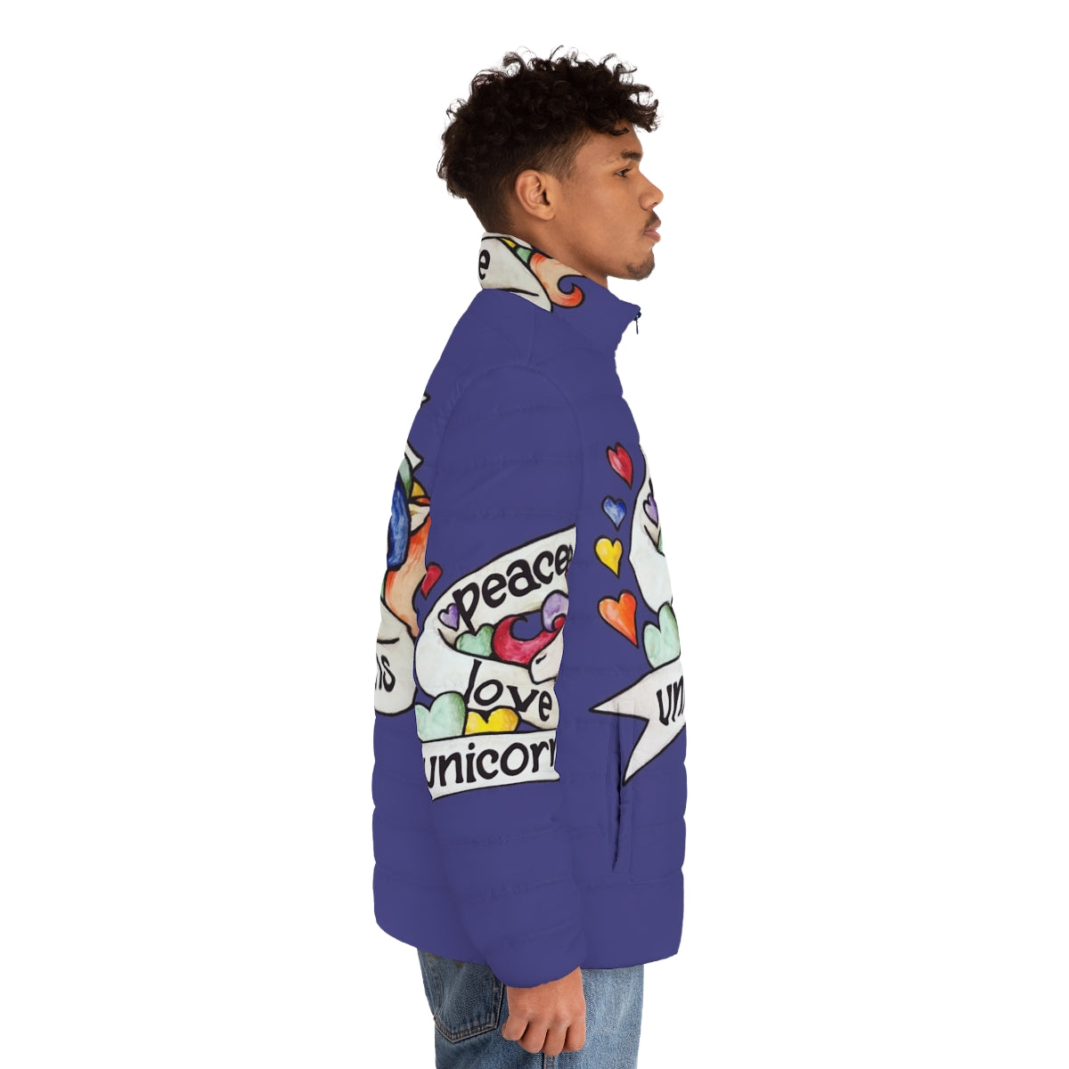 Retro unicorn puffer jacket in a vibrant rainbow design - men side right