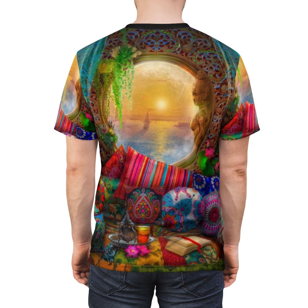 Vibrant all-over-print t-shirt featuring a bohemian-inspired oasis design with ocean, tea, and book elements. - men back