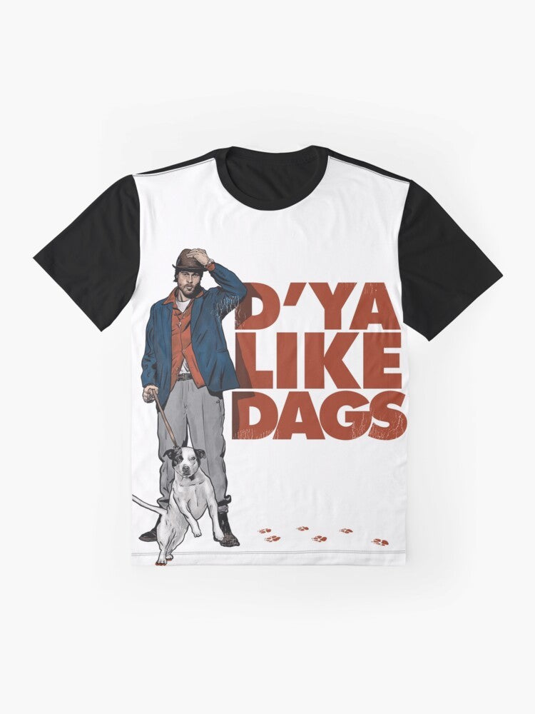 "D'Ya Like Dags?" Graphic T-Shirt featuring a design inspired by the Guy Ritchie movie "Snatch" with Brad Pitt. - Flat lay