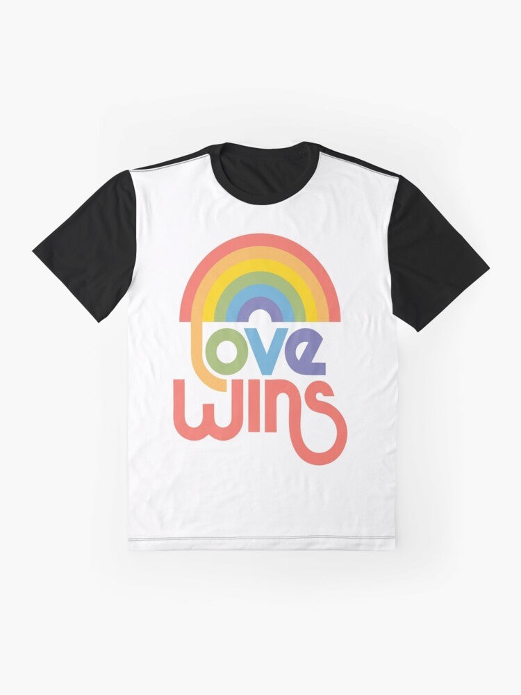 Love Wins LGBTQ Pride Graphic T-Shirt with rainbow colors - Flat lay