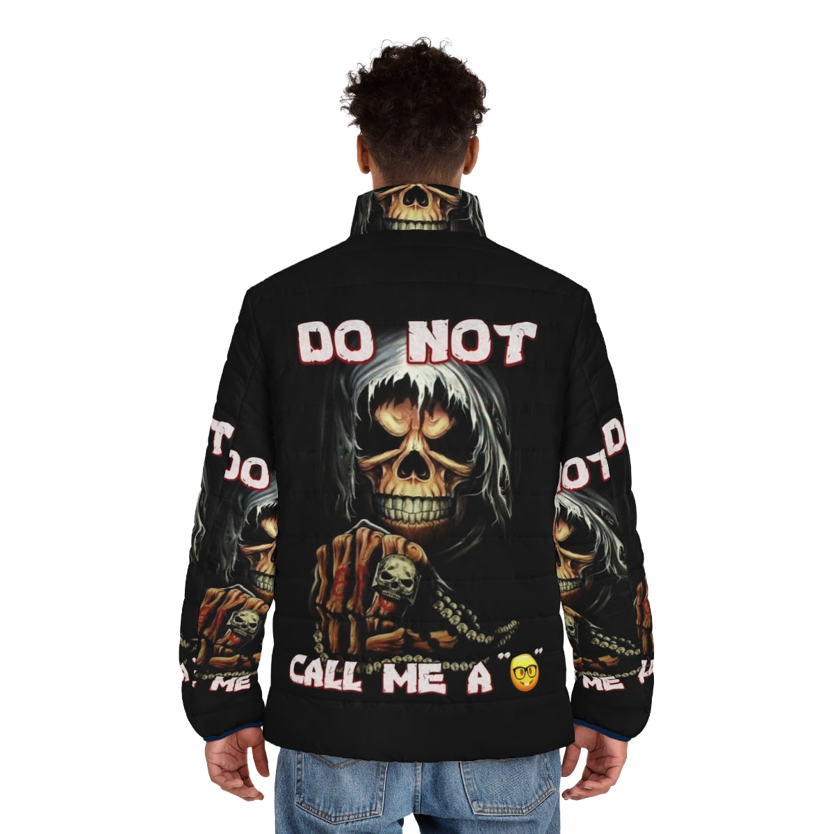 A puffer jacket with a skull design, representing the subversive and rebellious nature of the product. - men back