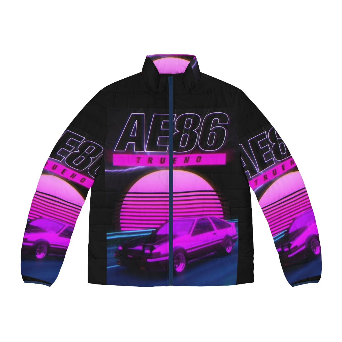 Ae86 retro synthwave puffer jacket with Initial D inspired graphics