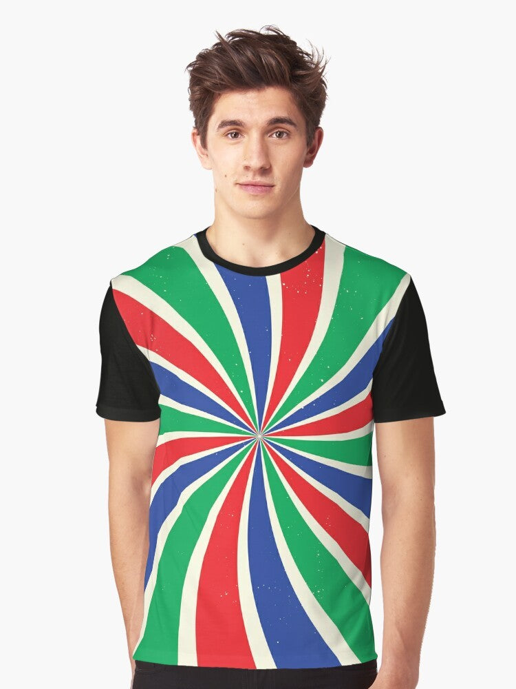 Retro sunburst graphic t-shirt with textured, twisted pattern in red, green, and blue colors - Men