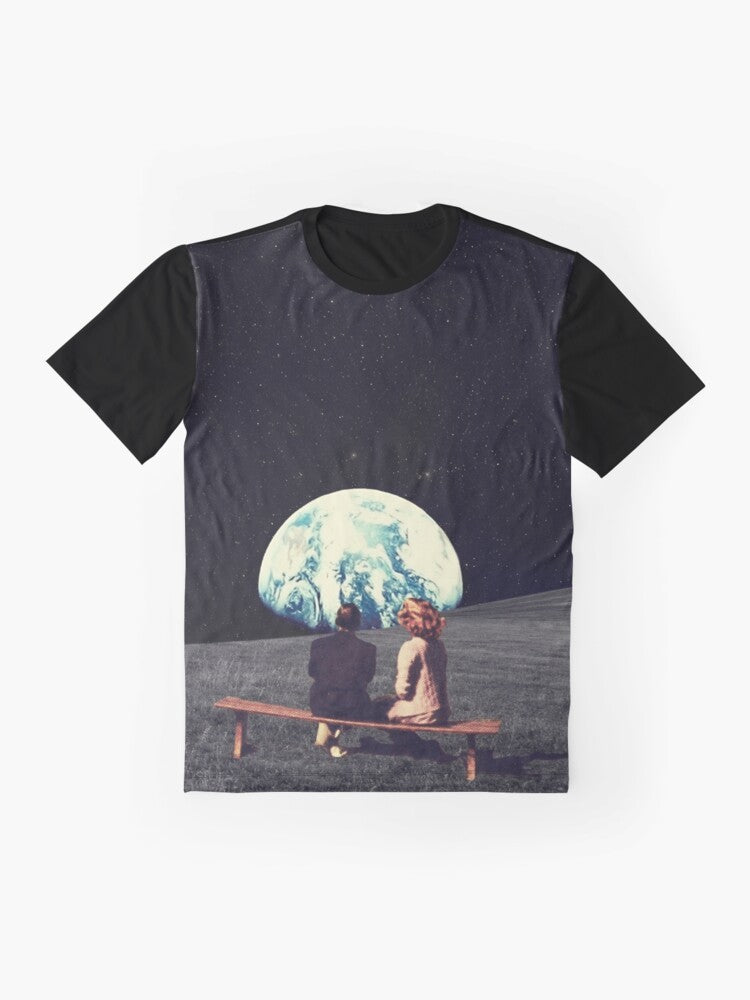 Vintage surreal collage t-shirt design featuring a couple waiting in a surreal, space-themed landscape with the Earth in the background. - Flat lay