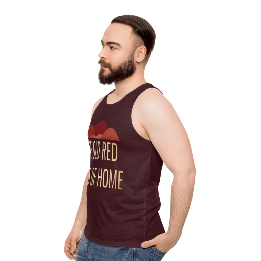 Unisex musical theater tank top with The Old Red Hills Of Home Parade design - men side