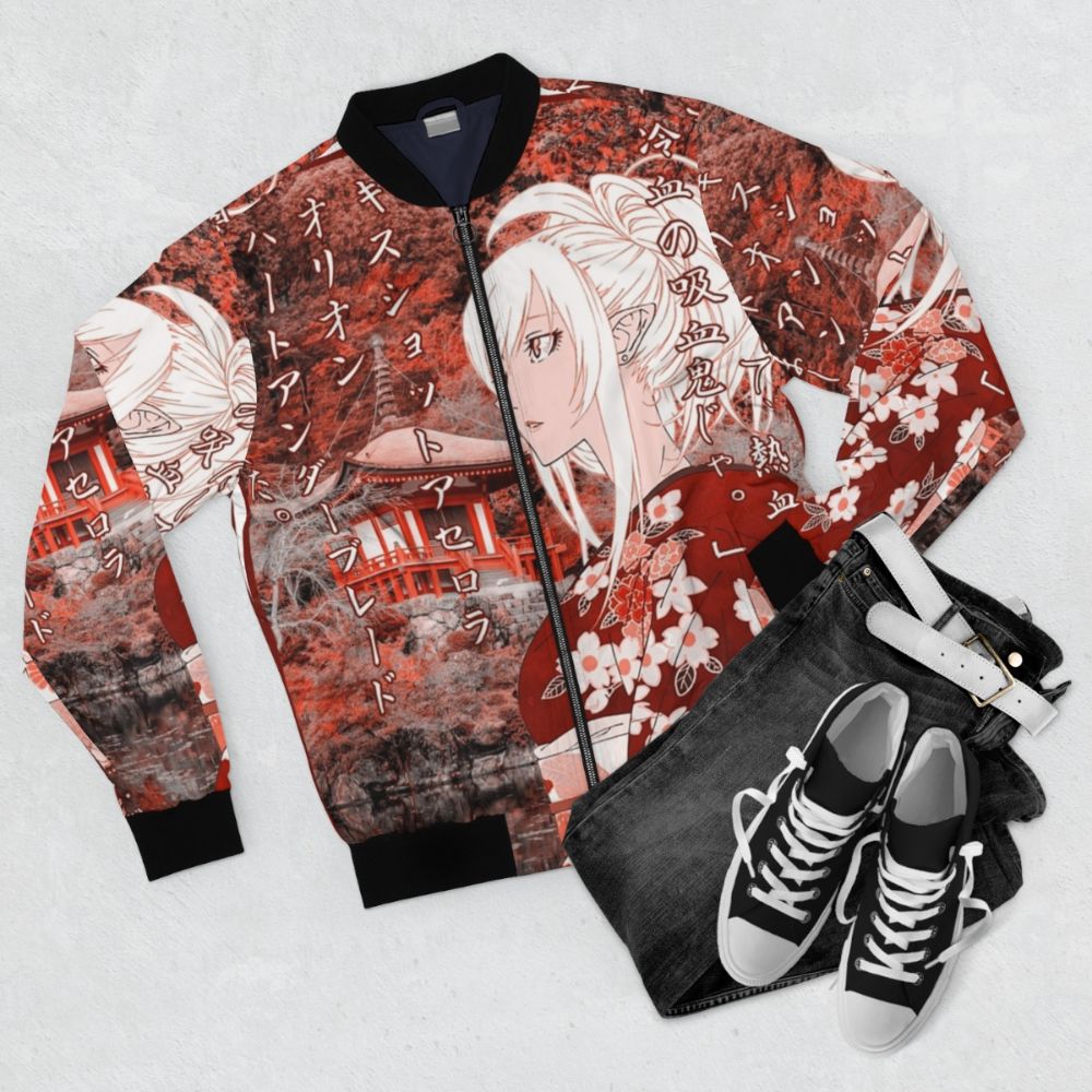 A stylish bomber jacket featuring the character Kiss-Shot Acerola-Orion Heart-Under-Blade from the Monogatari series, with a beautiful Japanese yukata-inspired design. - Flat lay