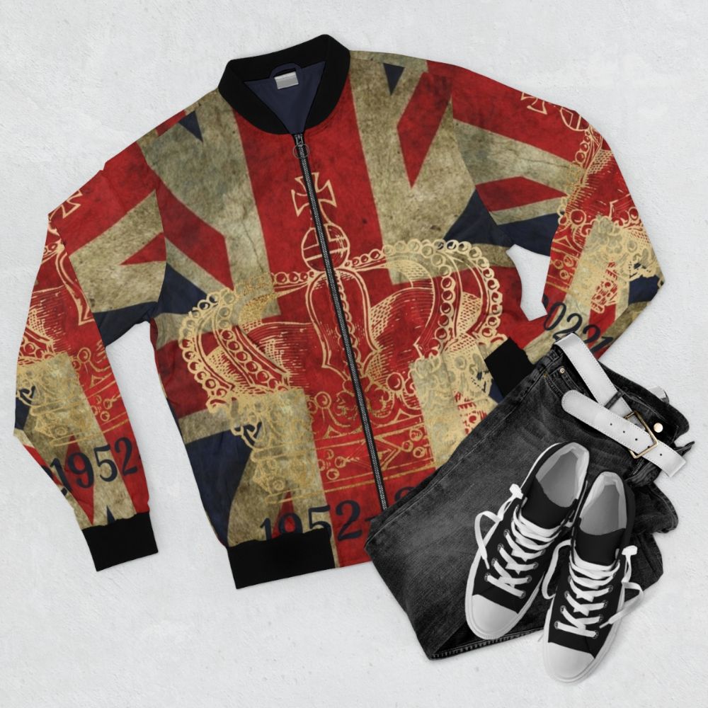 Platinum Jubilee Bomber Jacket with Union Jack Flag and Crown Design - Flat lay