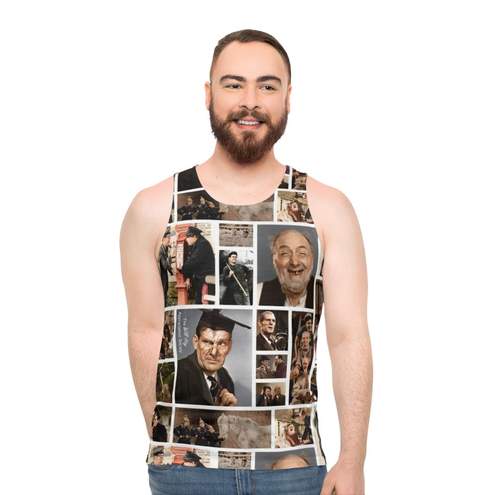 Unisex tank top featuring colourized film stills from classic British comedy - men