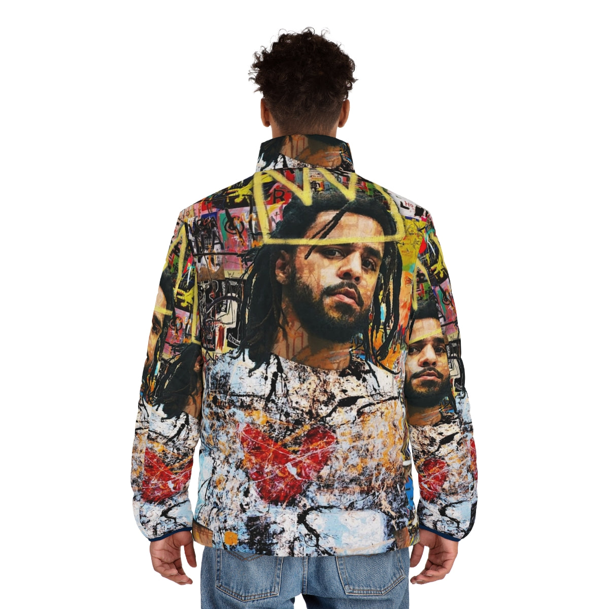 J Cole Portrait Puffer Jacket - Tribute to the Greatest Hip-Hop Artist - men back