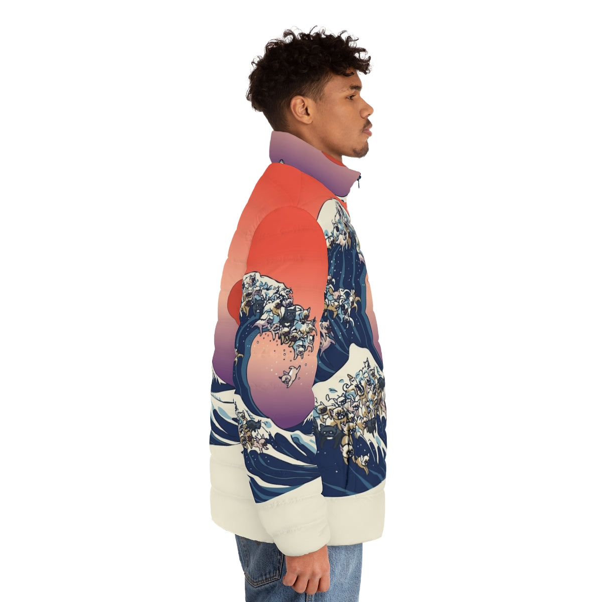 A French bulldog wearing a stylish puffer jacket with a Hokusai wave design. - men side right