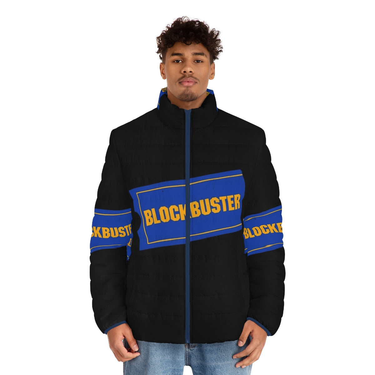 Blockbuster Video logo puffer jacket for movie and retro fashion enthusiasts - men front