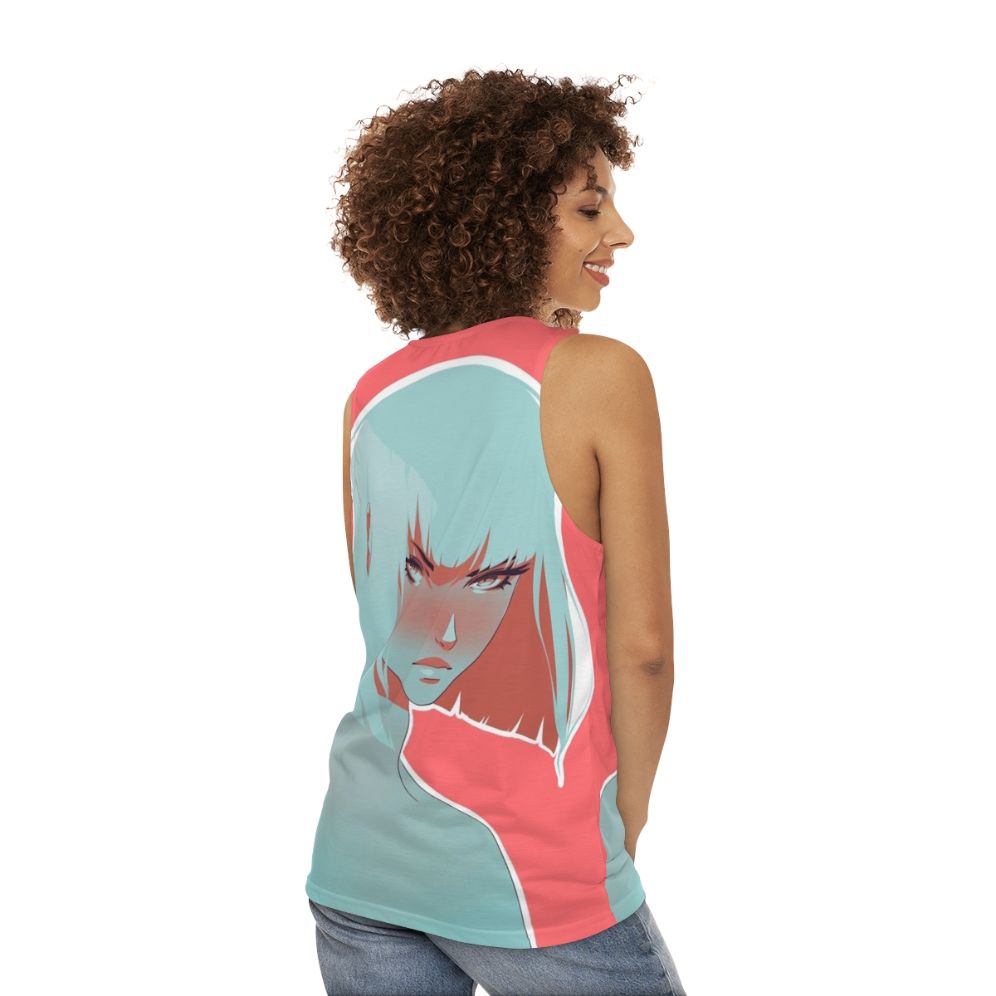 Colorful blood orange unisex tank top with modern flat design - women back