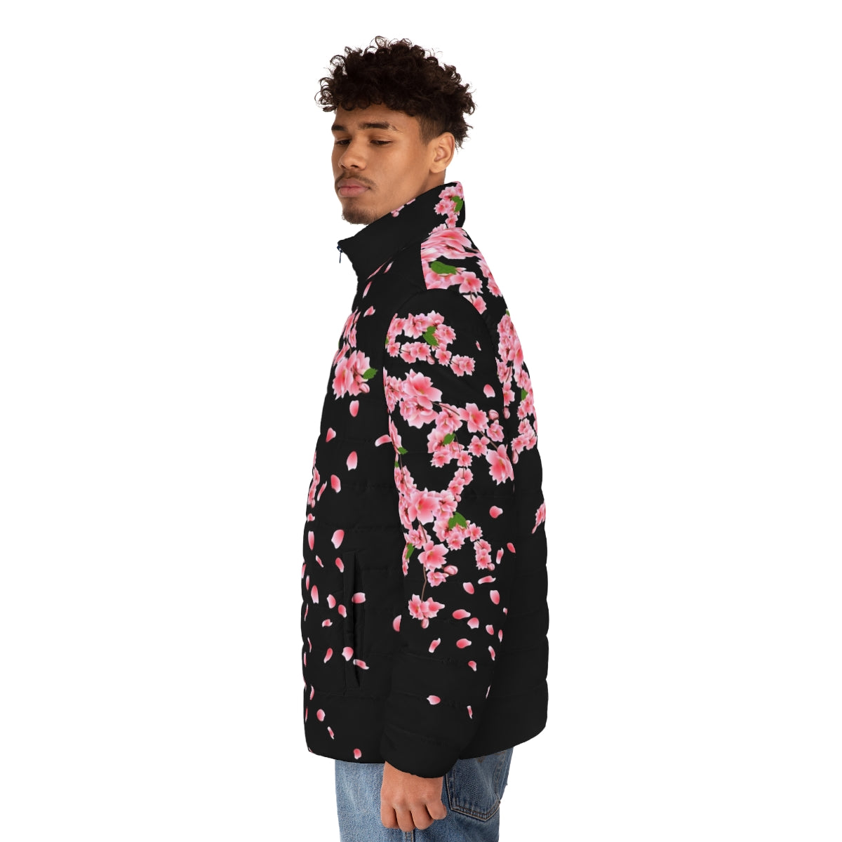 Sakura cherry blossom puffer jacket with pink floral design - men side left