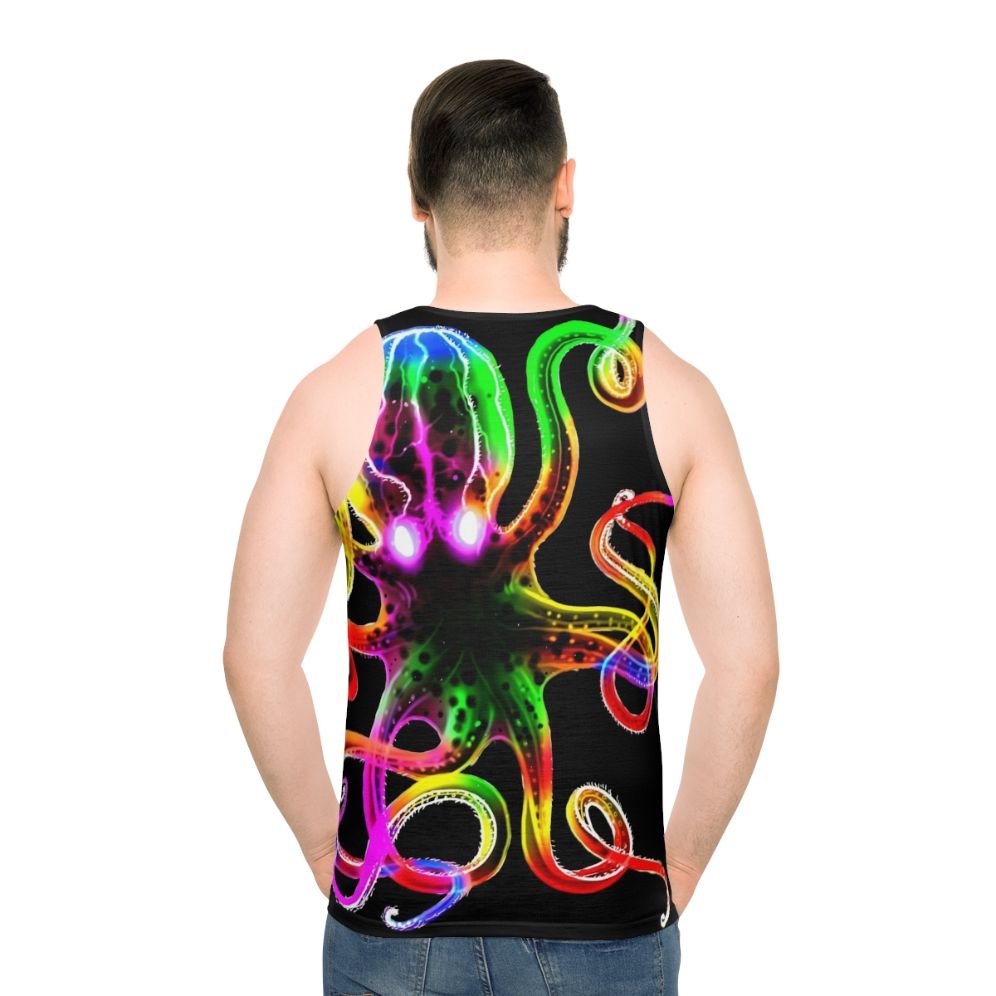 Unisex tank top with a glowing rainbow octopus design - men back