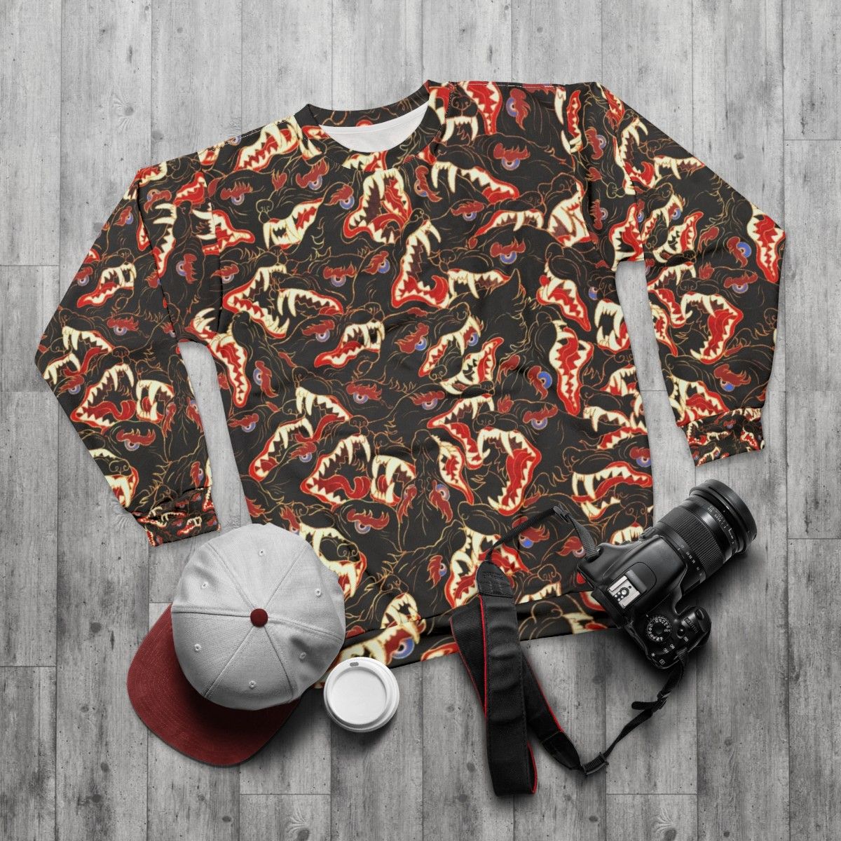 Ahamkara sweatshirt with wolves and tibetan canine design - flat lay