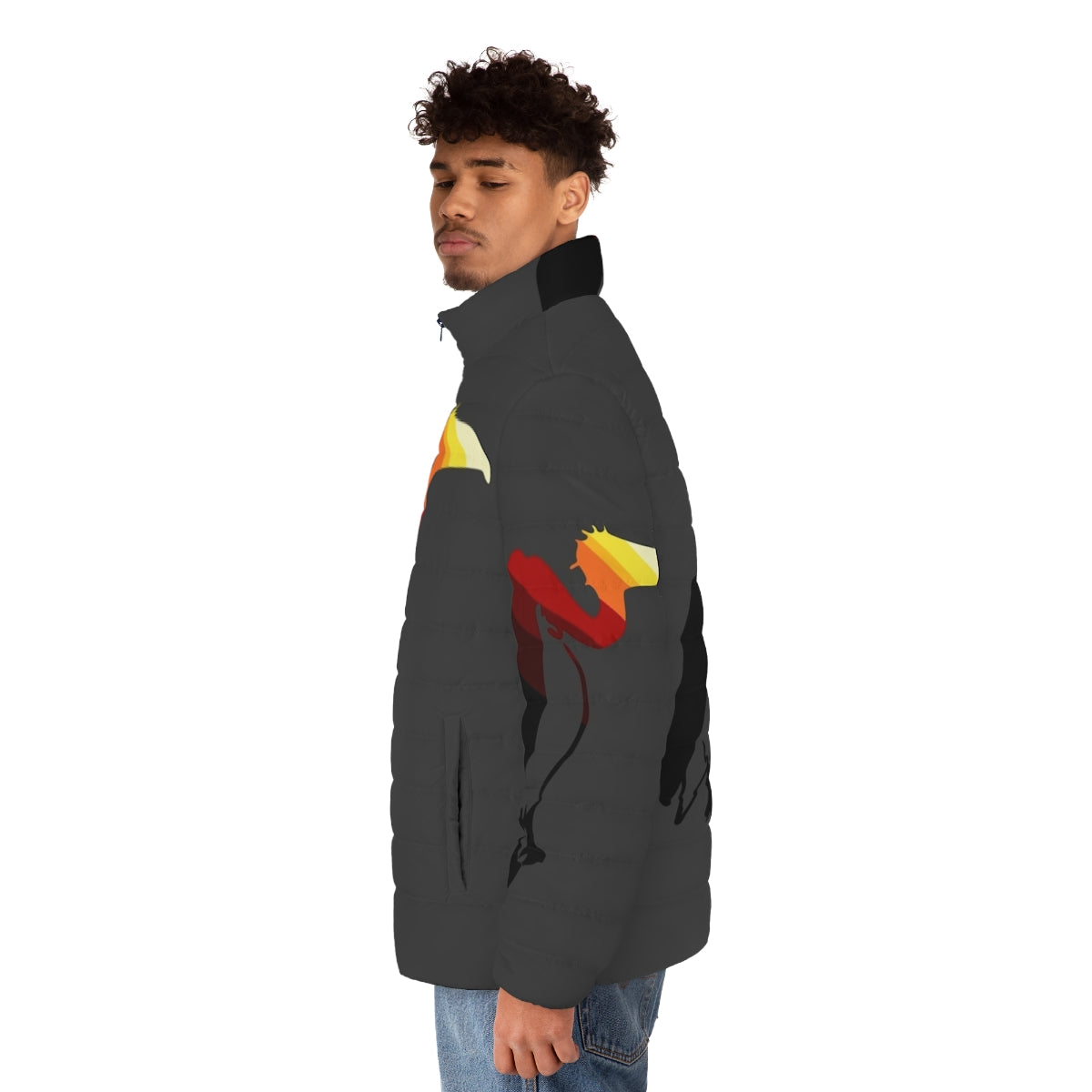 Vulture puffer jacket with colorful abstract art design - men side left