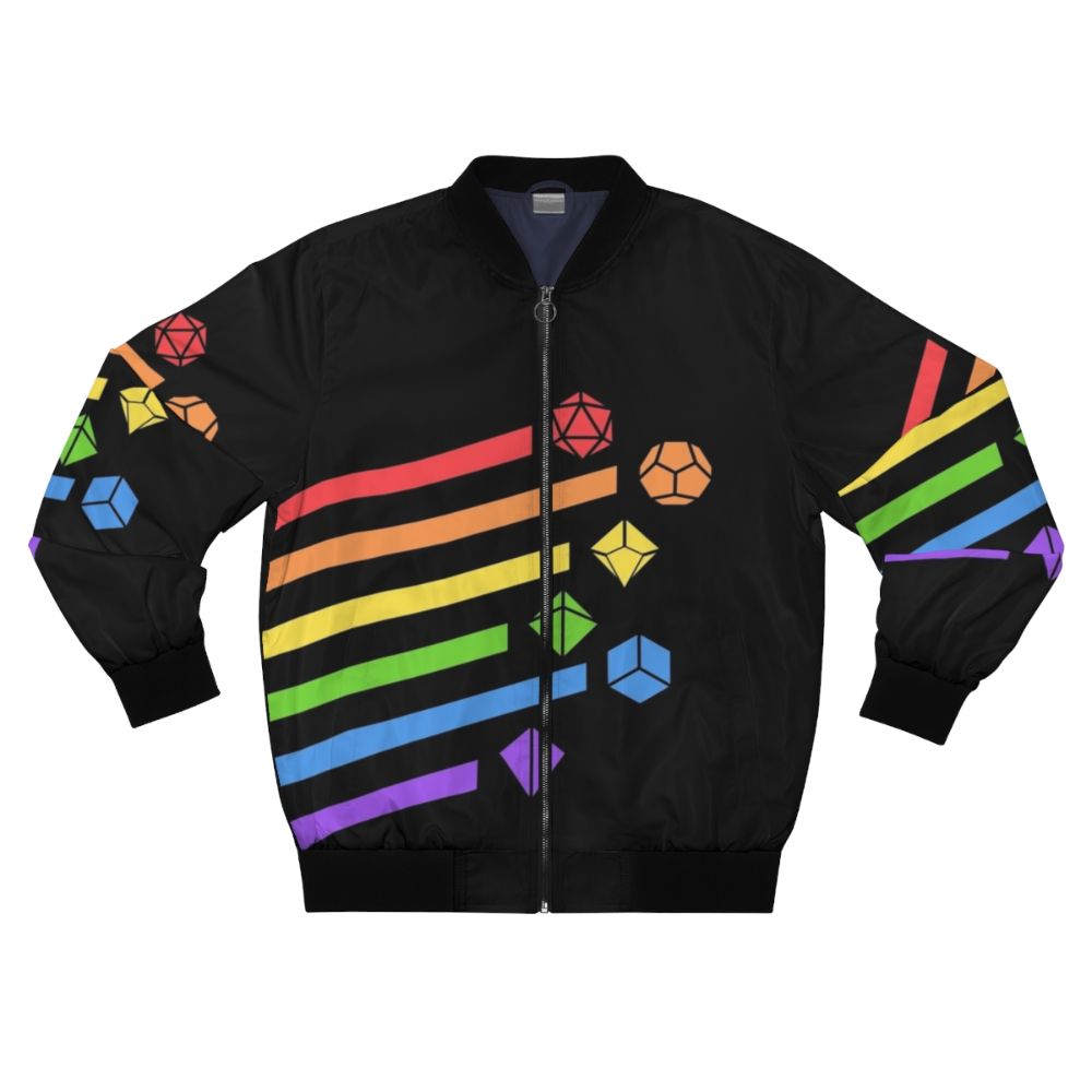 Colorful bomber jacket featuring a design with dice and Dungeons & Dragons elements for tabletop RPG gaming enthusiasts.