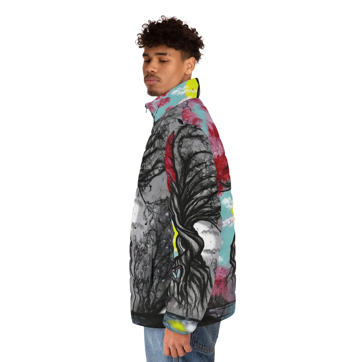 A puffer jacket featuring the symbolism of the Tree of Life, representing the circle of life. - men side left