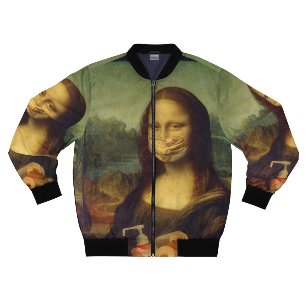 A bomber jacket featuring a comic-style illustration of the Mona Lisa with COVID-19 imagery.