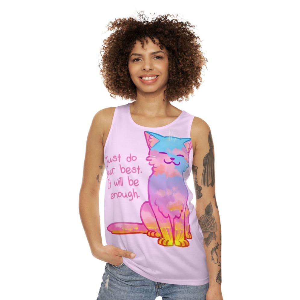 Sunset cat graphic on a unisex tank top with an inspirational affirmation - women