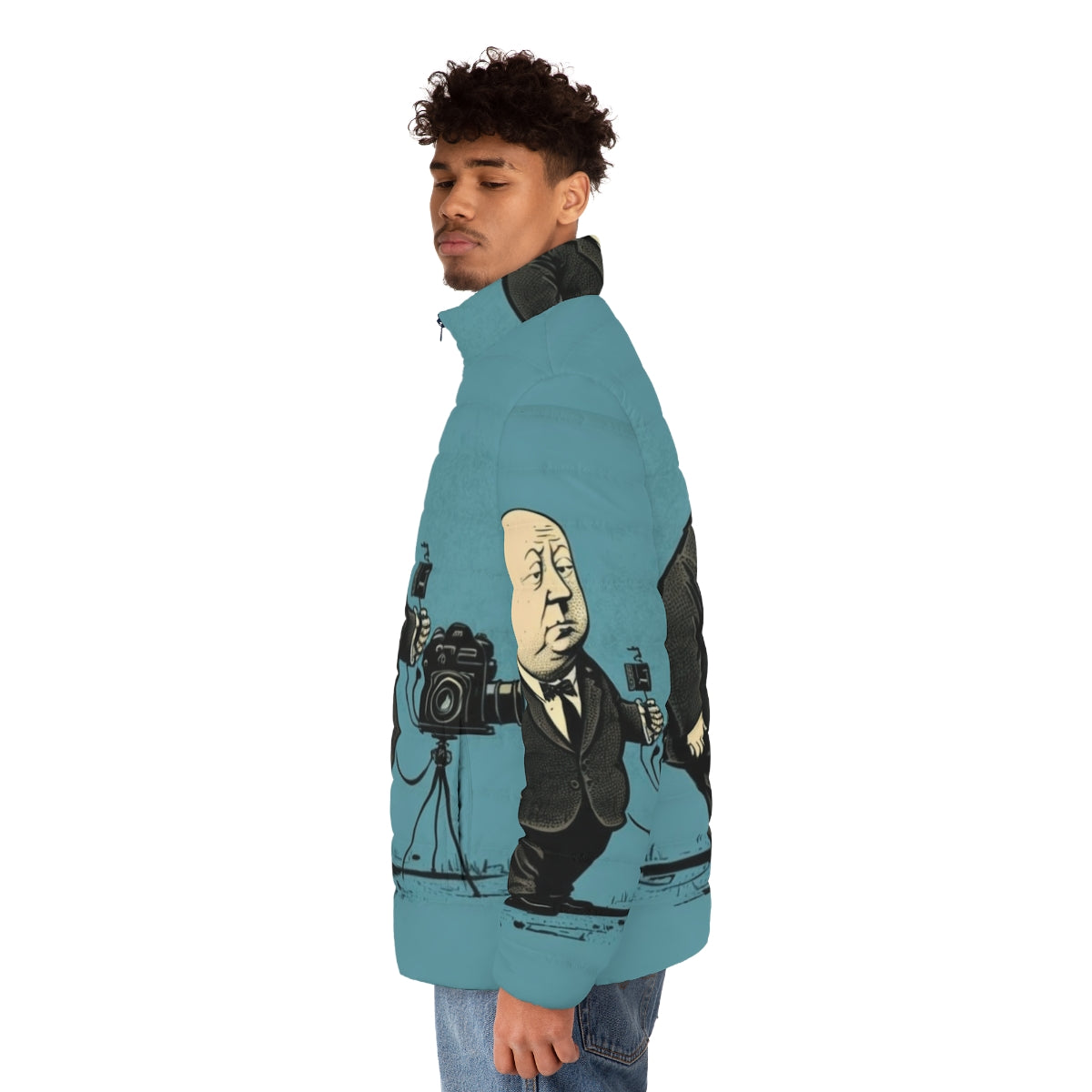 Alfred Hitchcock inspired puffer jacket with illustration design - men side left