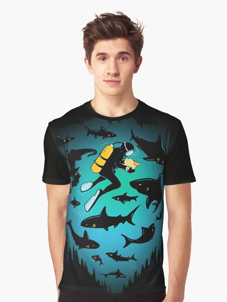 Funny graphic t-shirt featuring an illustration of a scuba diver and a shark underwater, with the text "Screwed". - Men