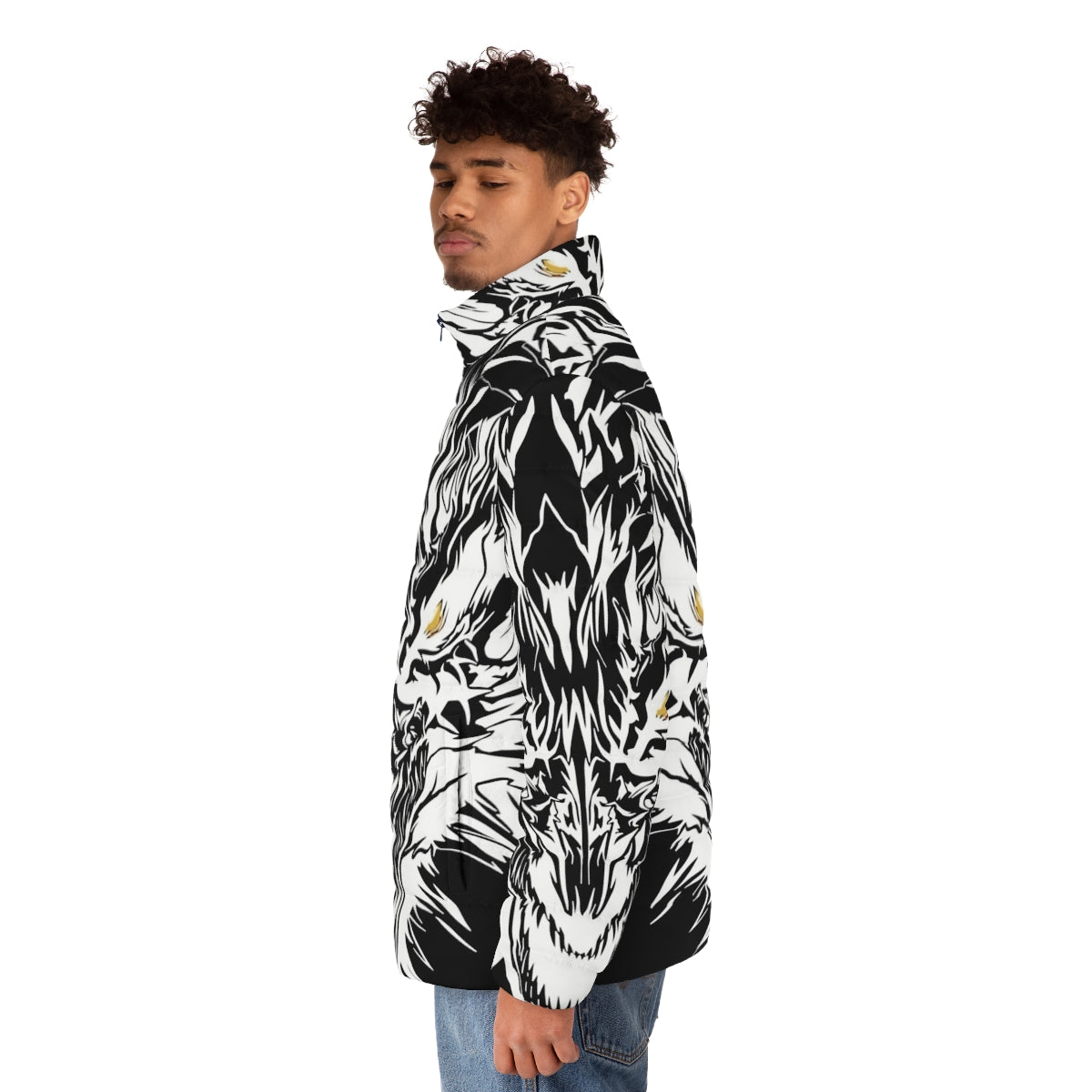 White dragon with yellow eyes tattoo design on cozy puffer jacket - men side left