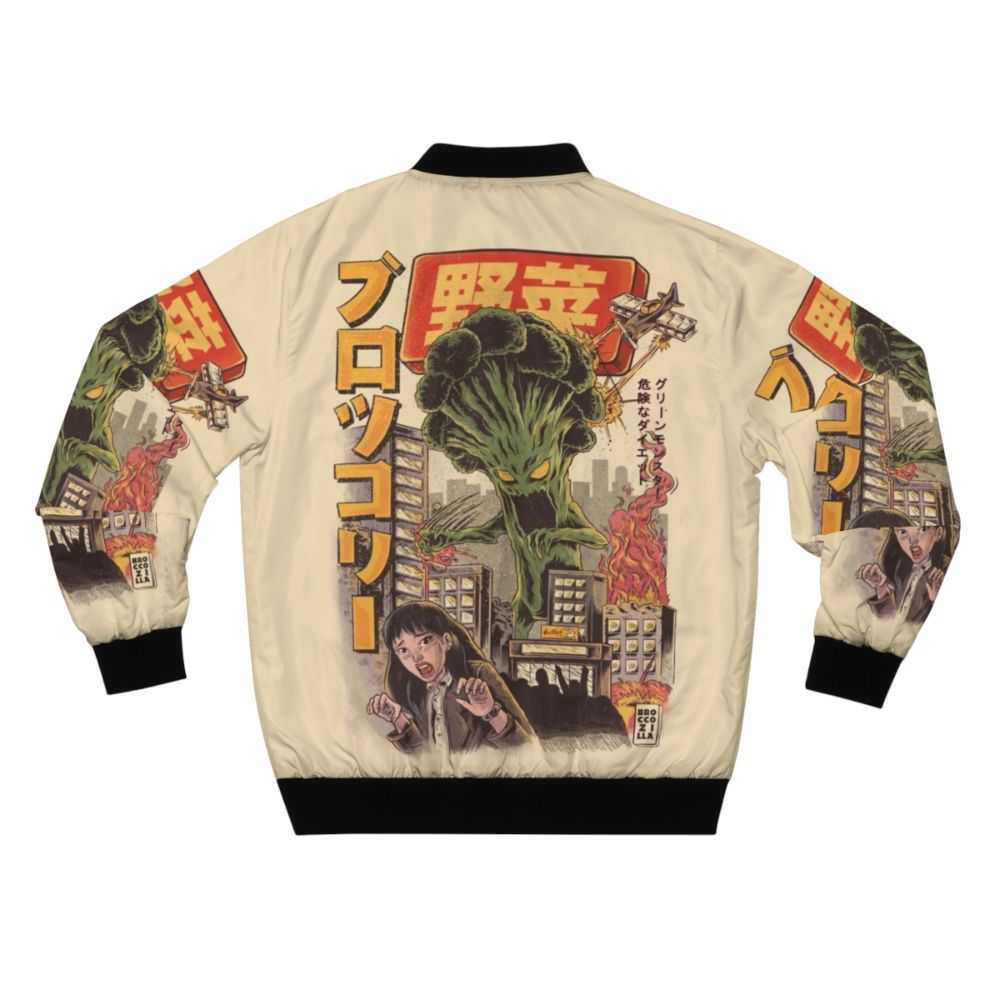 A vibrant and whimsical bomber jacket featuring a broccoli monster design, perfect for anime and food enthusiasts. - Back