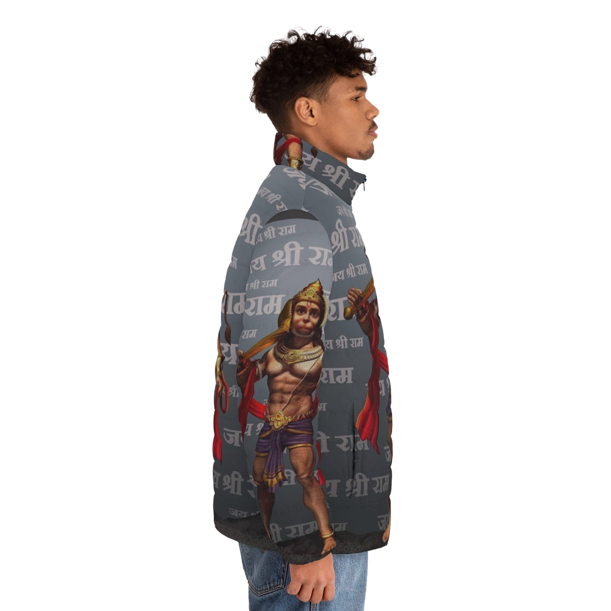 Lord Hanuman puffer jacket featuring the Hindu god and the phrase "Jai Sri Ram" - men side right