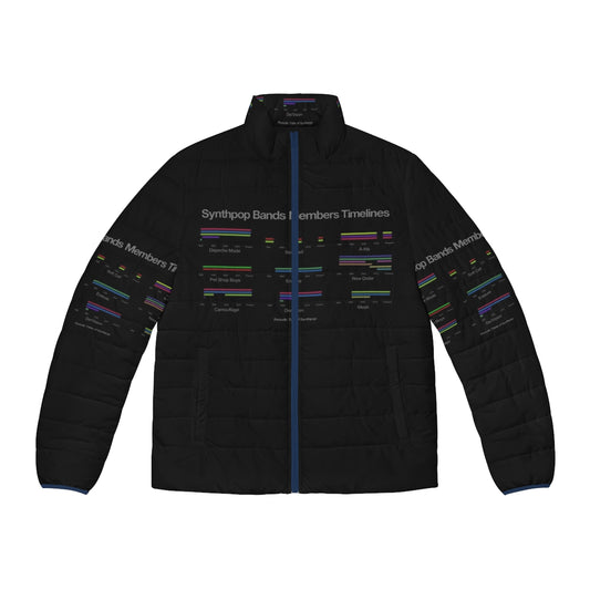 Puffer jacket featuring a periodic table of iconic synthpop bands from the 1980s