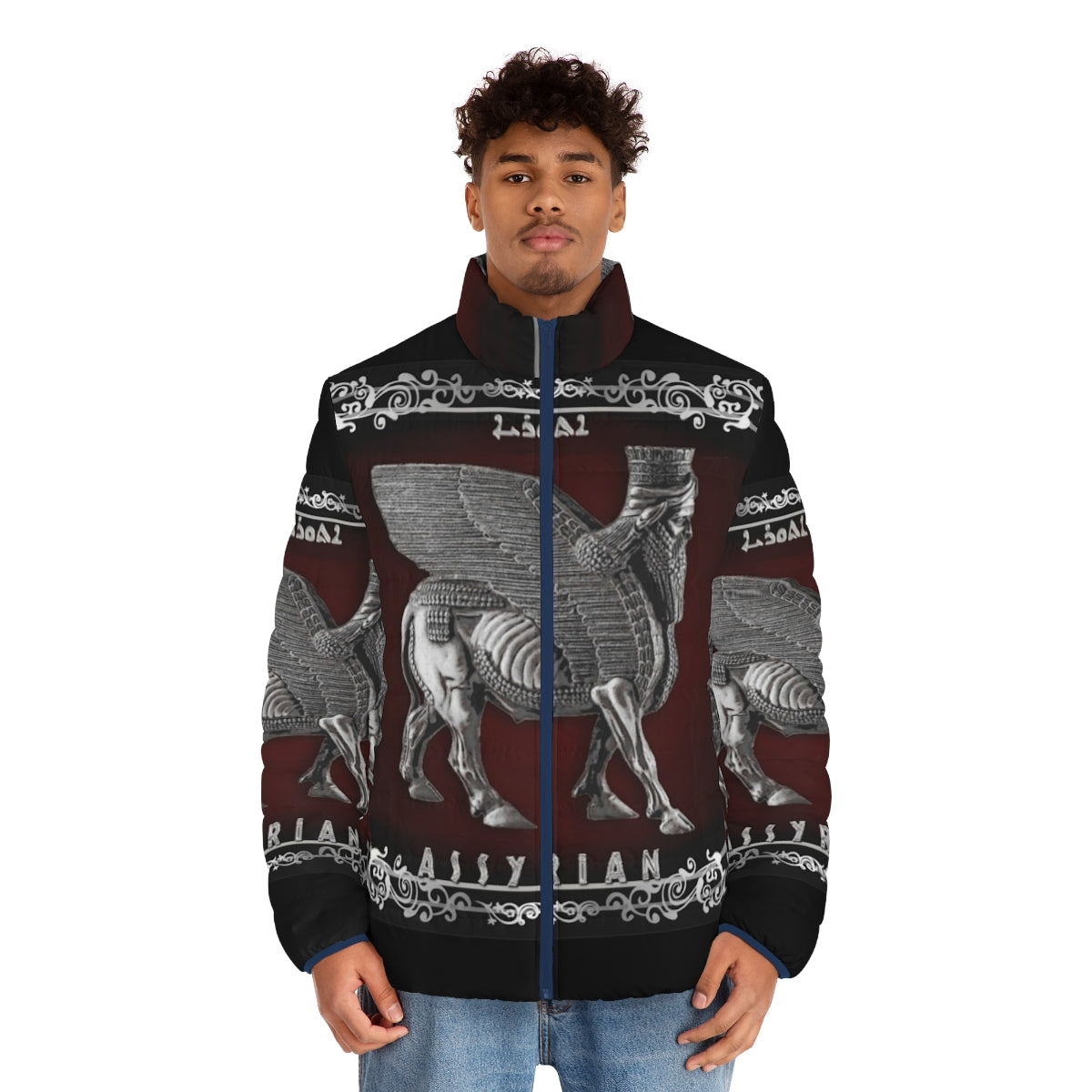 Silver puffer jacket featuring the Lamassu, an Assyrian mythological creature - men front